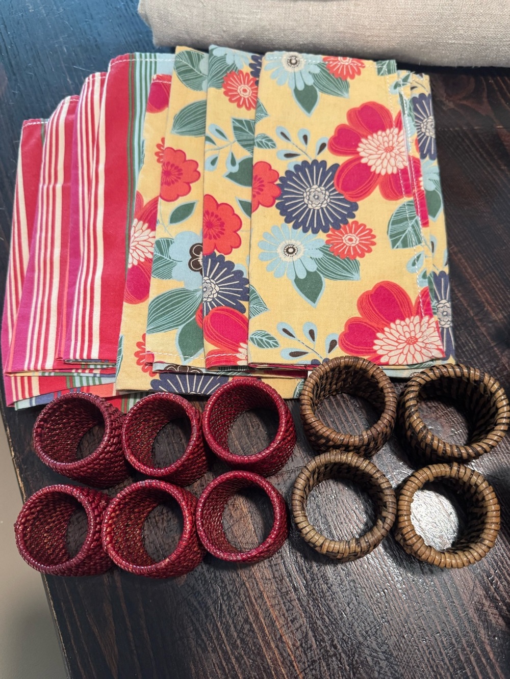 World Market Floral & Stripe 100% Cotton Napkin Set with Woven Napkin Rings
